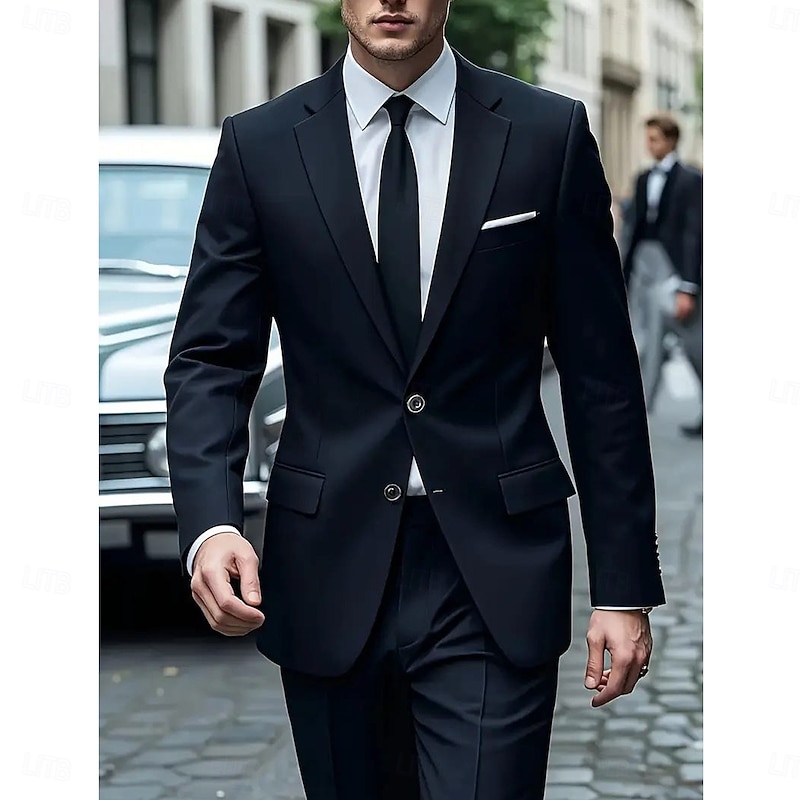 Men's Wedding Business Party Suits Notch Lapel Black Casual Formal Solid Colored Tailored Fit 2 Piece Single Breasted Two-buttons
