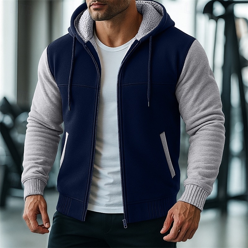 Men's Hoodie Full Zip Hoodie Fleece Hoodie Fleece lined Hoodie Black Red Burgundy Navy Blue Light Grey Hooded Plain Patchwork Color Block Sports & Outdoor Casual Daily Streetwear Cool Sportswear