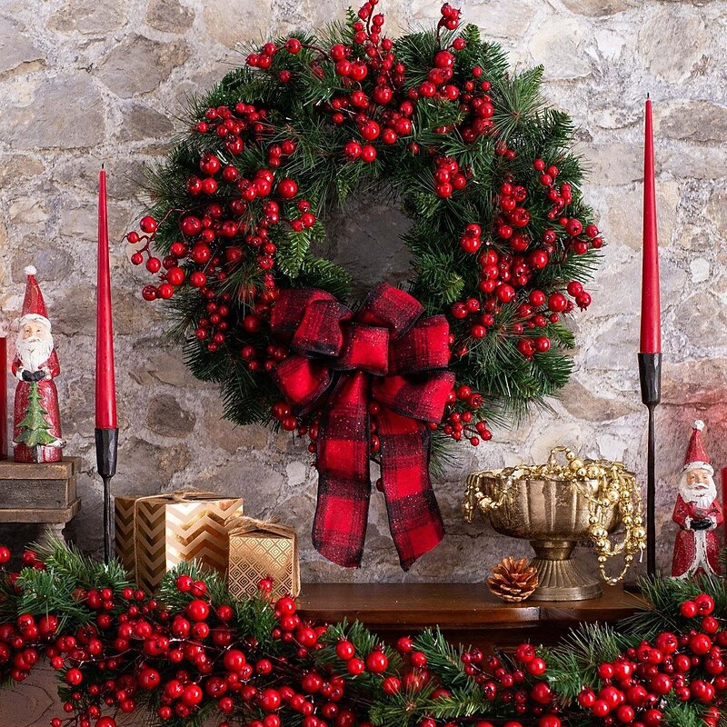 Christmas Wreath for Front Door Xmas Indoor Outdoor Decoration with Red Black Plaid Bow Rustic Style Faux Berry Rattan Garland for Holiday Home Window Shop Display