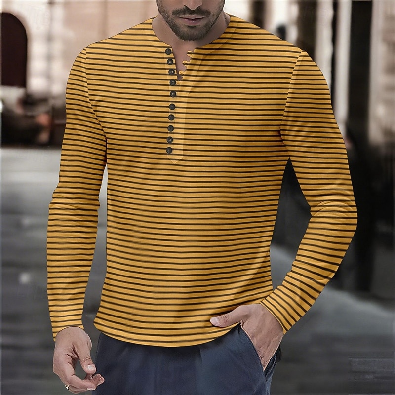 Men's T Shirt Henley Shirt Tee Tee Top Long Sleeve Henley Spring Fall Striped Fashion Designer Basic Buttons Vacation Street Going out Yellow Wine Navy Blue Top Tee for Men