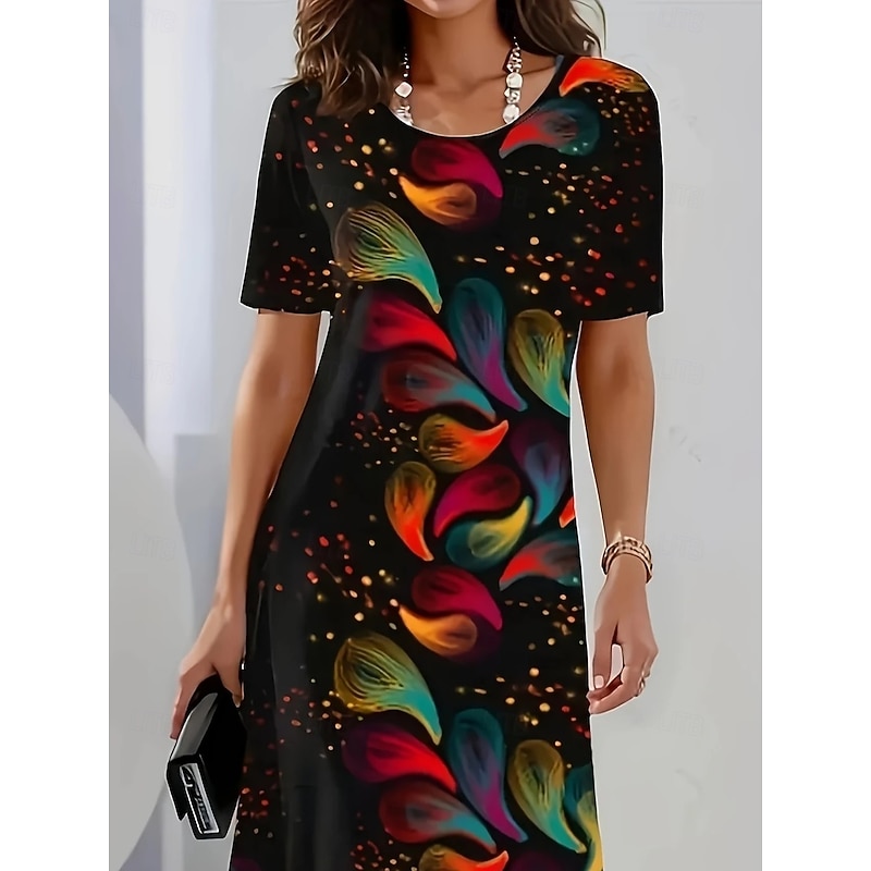 Women's Elegant Party Evening Midi Dress Crew Neck Short Sleeve Shift Dress A Line Dress Casual Boho Daily Regular Fit Ombre Floral Graphic Black Summer Spring Fall2