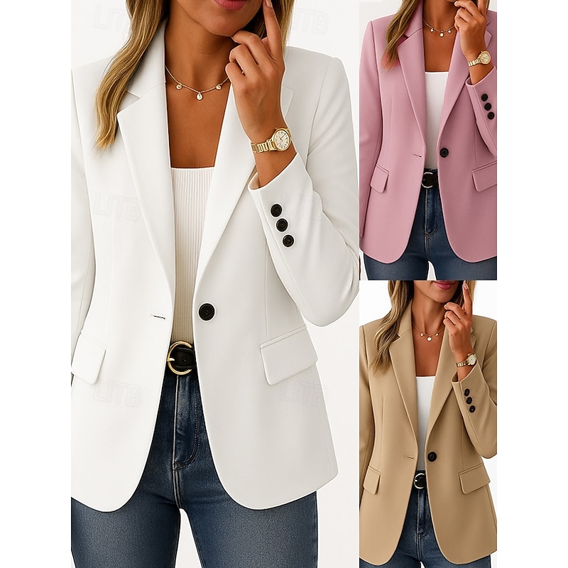 Women's Blazer Comfortable Breathable Pocket Casual Plain Office Street Casual Daily Wear Single Breasted Regular Turndown Regular Fit Long Sleeve Outerwear Black Pink Khaki Summer Spring