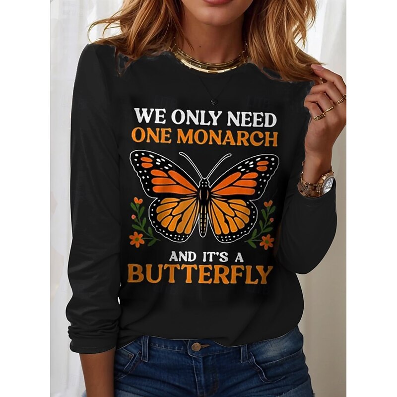 Women's T Shirt Graphic Butterfly Letter Vintage Stylish Classic Long Sleeve Crew Neck Regular Tops Daily Print Black White Blue Orange Green Summer Spring Fall2