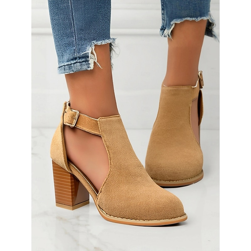 Women's Tan Suede Cut-Out Ankle Boots with Block Heels - Perfect for Casual Outings, Spring and Fall Fashion, and Stylish Everyday Wear