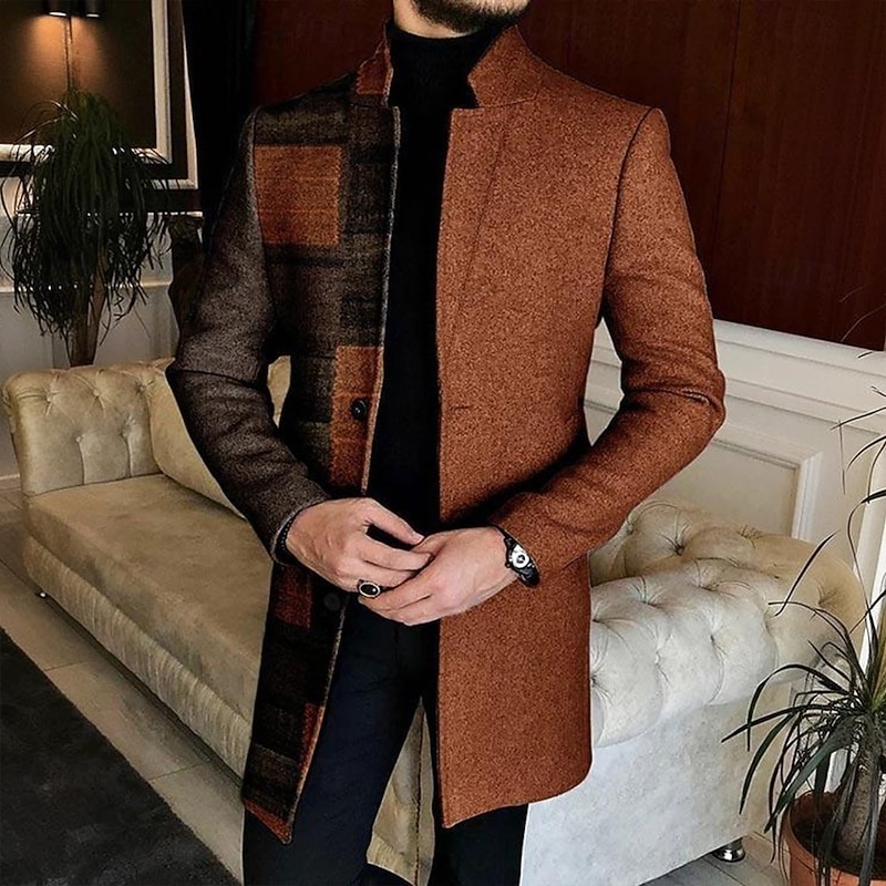 Men Geometric Plaid Overcoat Coat Casual Business Casual Daily 3D Print Buttons Front Pocket Spring Fall Winter Notch Long Sleeve Black Blue Brown