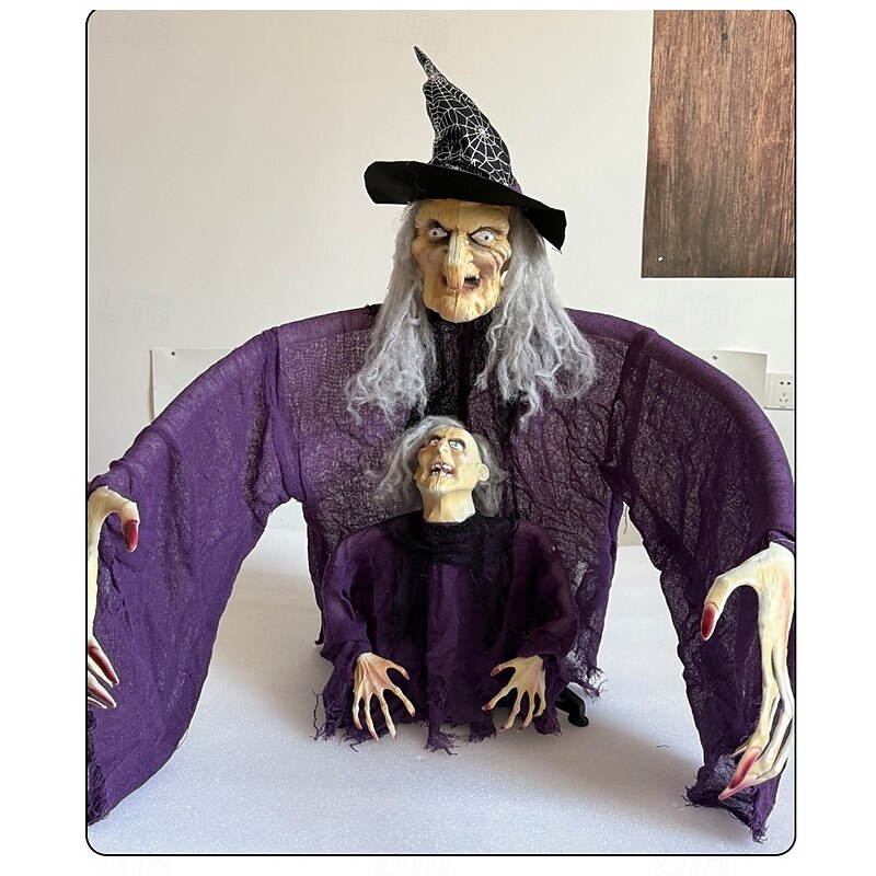 Halloween New Arrival Parent and Child Witch Figurine Set with Ground Plug and Glowing Little Witch for Garden Atmosphere Decoration3