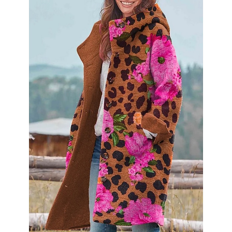 Women's Winter Jacket Fleece Jacket Coat Warm Breathable Pocket Buttons Print Active Daily Casual Leopard Vacation Street Daily Single Breasted Long Hoodie Regular Fit Long Sleeve Outerwear Black