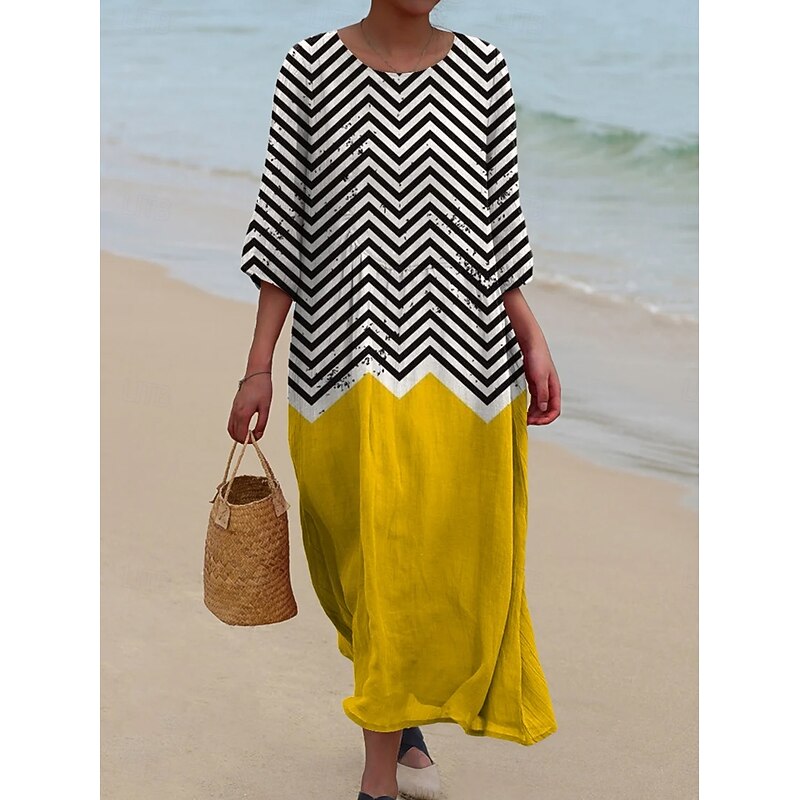 Women's Maxi Dress Kaftan 3/4 Length Sleeve Crew Neck Casual Shift Dress Dress Boho Daily Holiday Date Graphic Geometric Yellow Blue Rainbow Spring Fall2