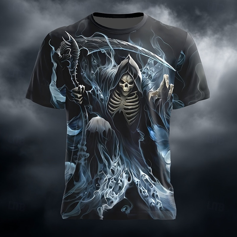 Halloween Men's Grim Reaper 3D Reaper T Shirt Short Sleeve T shirt 3D Print Crew Neck Shirt Exaggerated Designer Horror Party Street Holiday Blue Green Summer Spring All Seasons Clothing Apparel S M