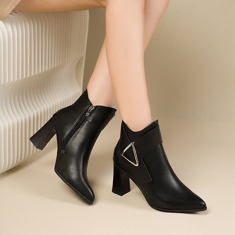 Women's Black Pointed Toe Ankle Boots – High Block Heel Dress Booties with Side Zipper and Triangle Metal Detail for Fall & Winter Outfits4