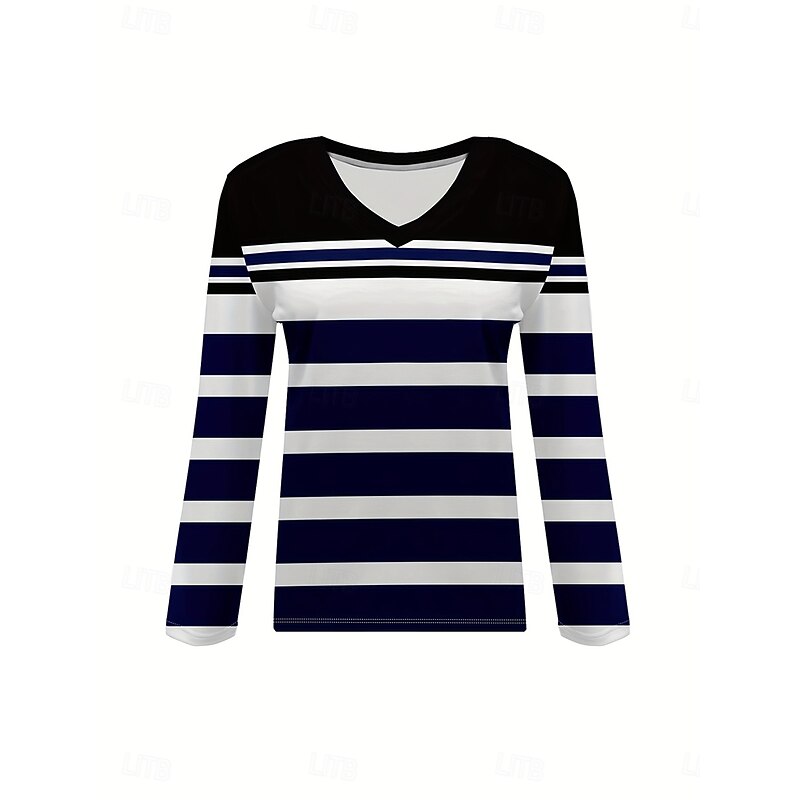 Women's T Shirt Graphic Geometric Striped Vintage Stylish Classic Long Sleeve V Neck Regular Tops Daily Print Black Spring Fall Winter2