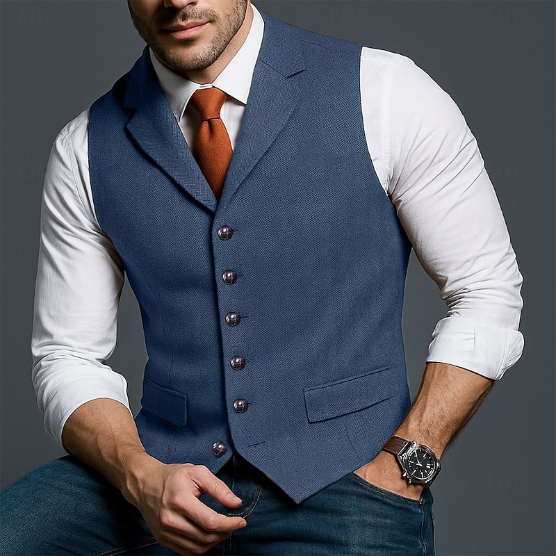 Men's Tweed Vest Waistcoat Formal Wedding Vacation Daily Fashion Classic Spring Fall Pocket Buttons Wool Tweed Comfortable Plain Herringbone Single Breasted V Neck Lapel Slim Fit Black Champagne Red