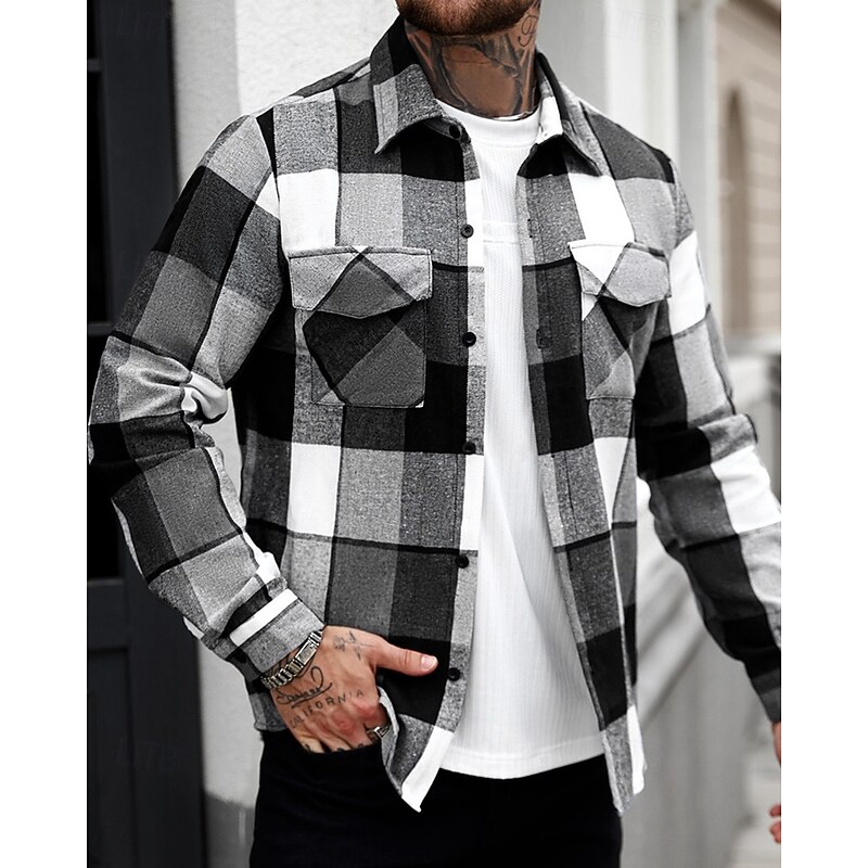 Men's Lightweight Jacket Shirt Jacket Casual Jacket Shacket Vacation Daily Breathable Pocket Spring Fall Plaid Fashion Classic Lapel Regular Black Jacket4
