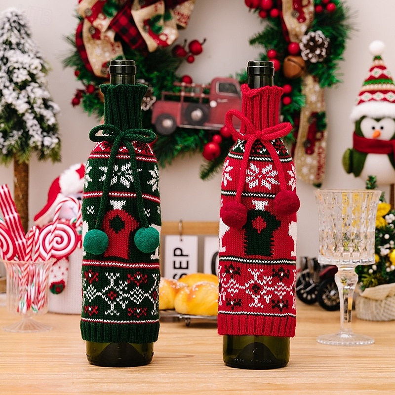 2Pcs Christmas Knitted Sweater Wine Bottle Covers with Bow and Pom Pom, Red Wine Bottle Sleeves for Bar Decoration and Holiday Party
