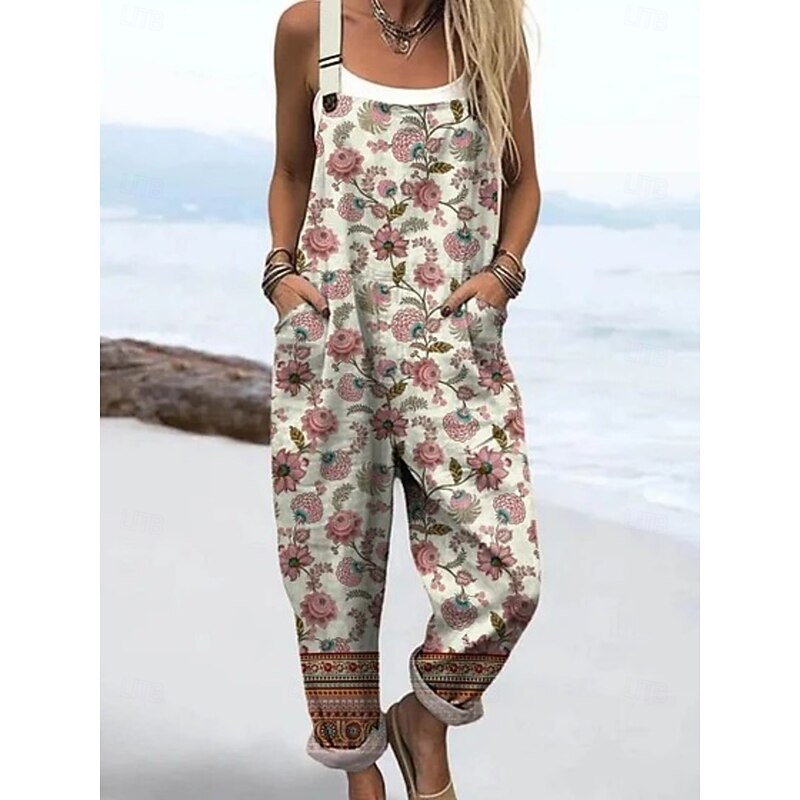 Women's Dungarees Active Floral Sleeveless Sleeveless Straight Square Neck Pocket with Pocket Vacation Daily Loose Fit Pink Purple Khaki Summer2