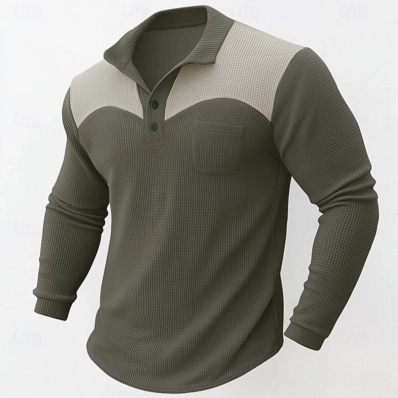 Men's Waffle Knit Polo Shirt Business Casual Lapel Classic Long Sleeve Fashion Basic Color Block Pocket Color Block Fall Winter Regular Fit Brown Navy Blue Dark Green Waffle Knit Polo Shirt
