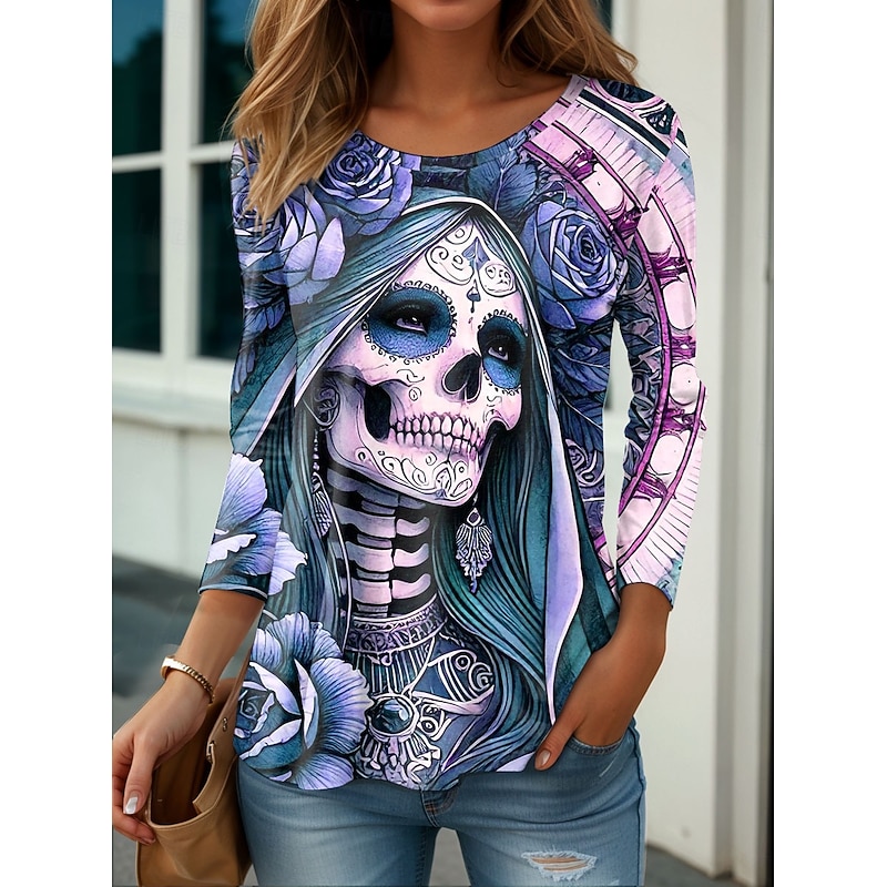 Halloween Women's T Shirt Skulls Floral Graphic Vintage Stylish Classic Long Sleeve Crew Neck Regular Tops Daily Print Blue Purple Orange Green Gray Spring Fall Winter4