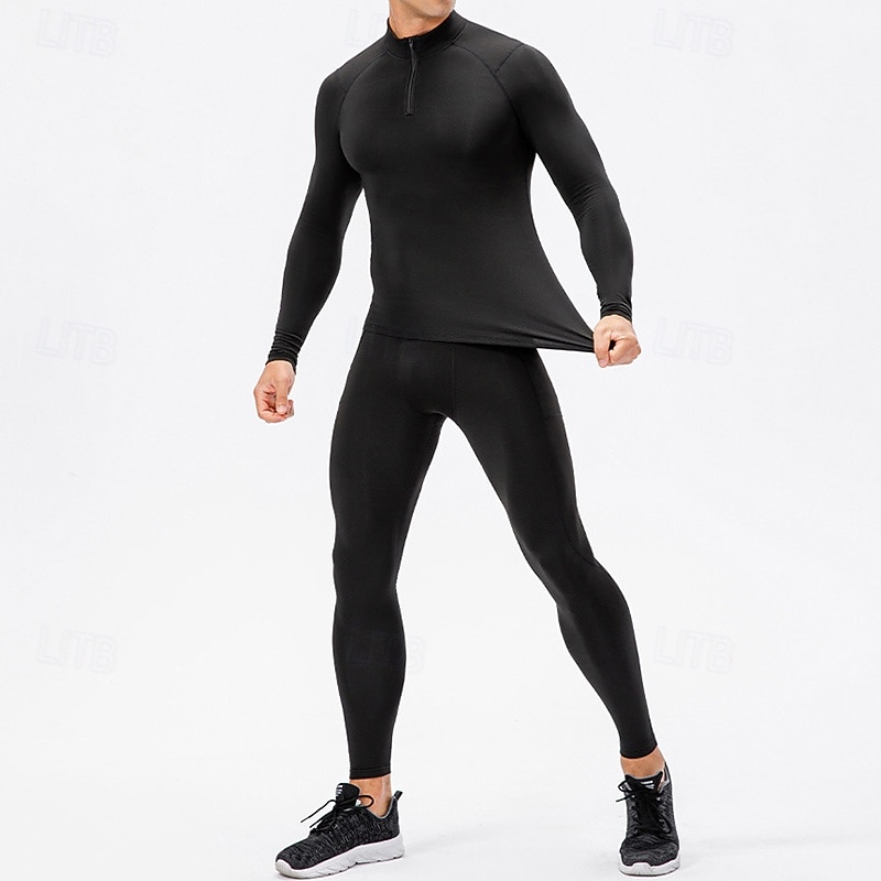 Men's Workout Suits Base Layer Top & Bottom 2 Piece Sports Set with Fleece Lined Solid Colored Clothing Suit Fall & Winter Black White Spandex Gym Basketball Athletic High Waist Quick Dry Warm4