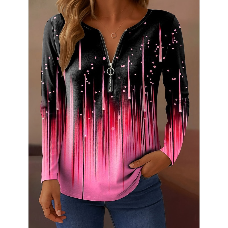 Women's T Shirt Ombre Graphic Abstract Elegant Vintage Fashion Long Sleeve V Neck Regular Tops Daily Weekend Zipper Print White Pink Blue Purple Green Spring Fall4