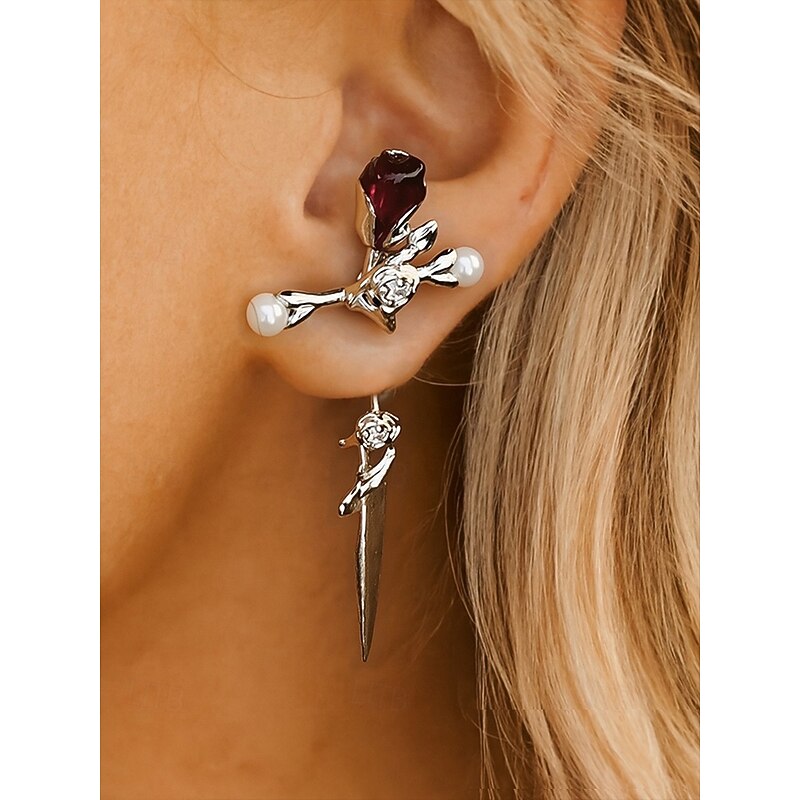 Women's Halloween Gothic Rose Dagger Earrings – Vintage Pearl and Crystal Drop Ear Jewelry for Costume Parties, Cosplay and Punk Fashion