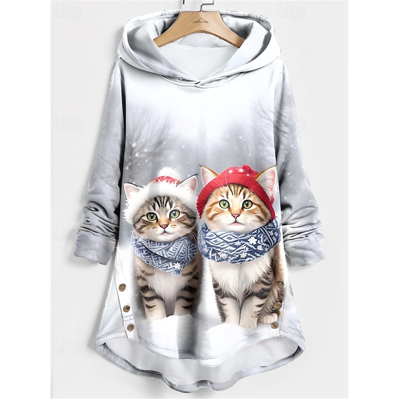 Women's Pullover Hoodie Sweatshirt Hoodies Cat Streetwear Casual Long Sleeve Hooded Regular Tops Holiday Going out Print Black Blue Light Grey Light Blue Fall Winter3
