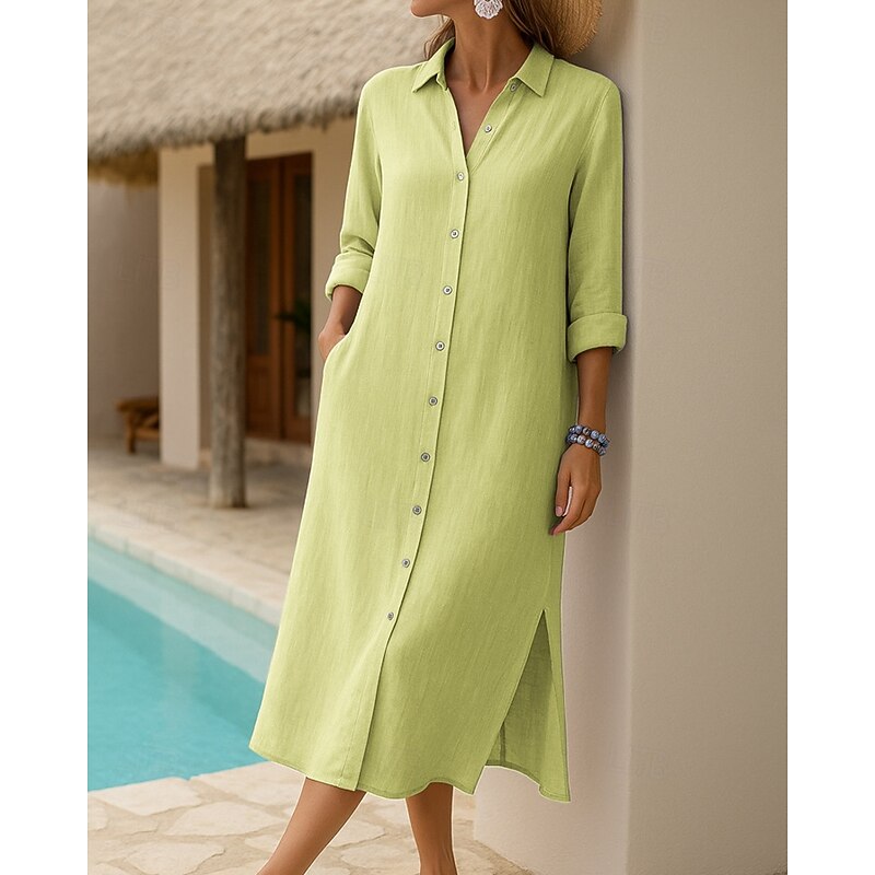 Women's Midi Dress Shirt Dress Casual Dress Classic Modern Outdoor Vacation Holiday Regular Fit Plain Long Sleeve Shirt Collar Yellow Purple Lilac Light Grey Fall