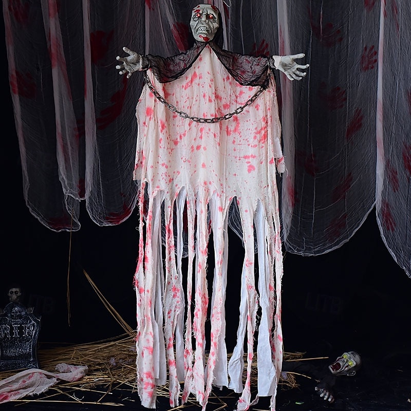 Halloween Bloody Clothes & Iron Chain Hanging Ghost Decoration With Sound & Light Effect Prop For Haunted House, Escape Room, Horror Themed Party Decor, Outdoor & Indoor