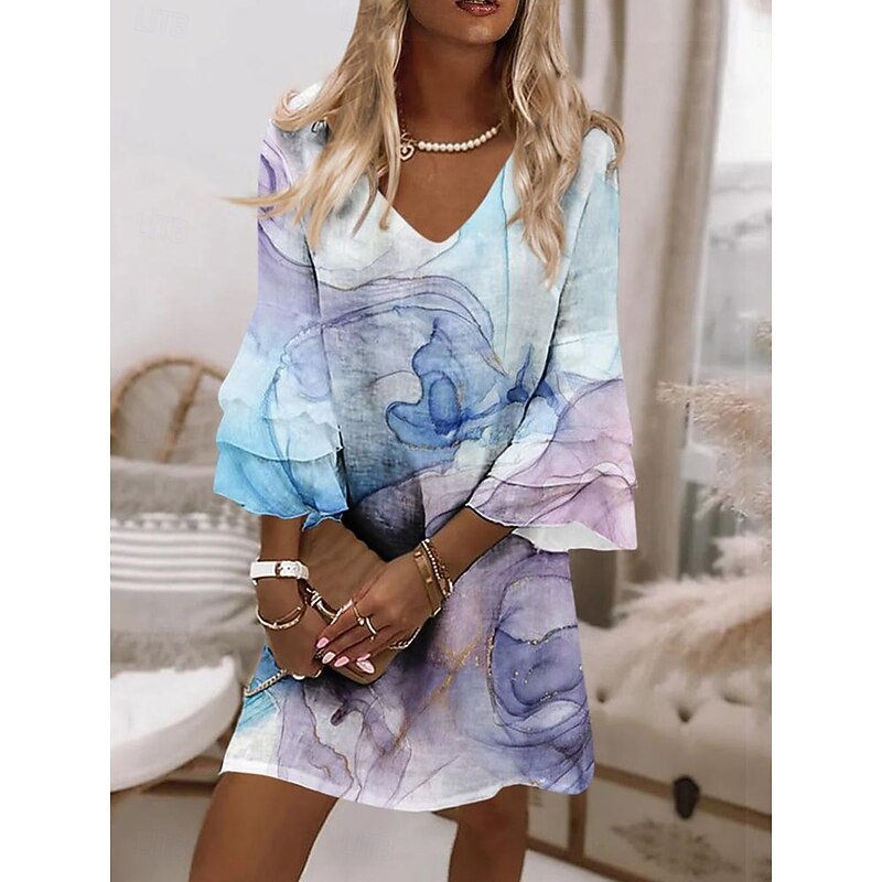 Women's Mini Dress Sundress A Line Dress Boho Party Regular Fit Floral Graphic 3/4 Length Sleeve V Neck Pink Blue Purple Green Summer Spring3