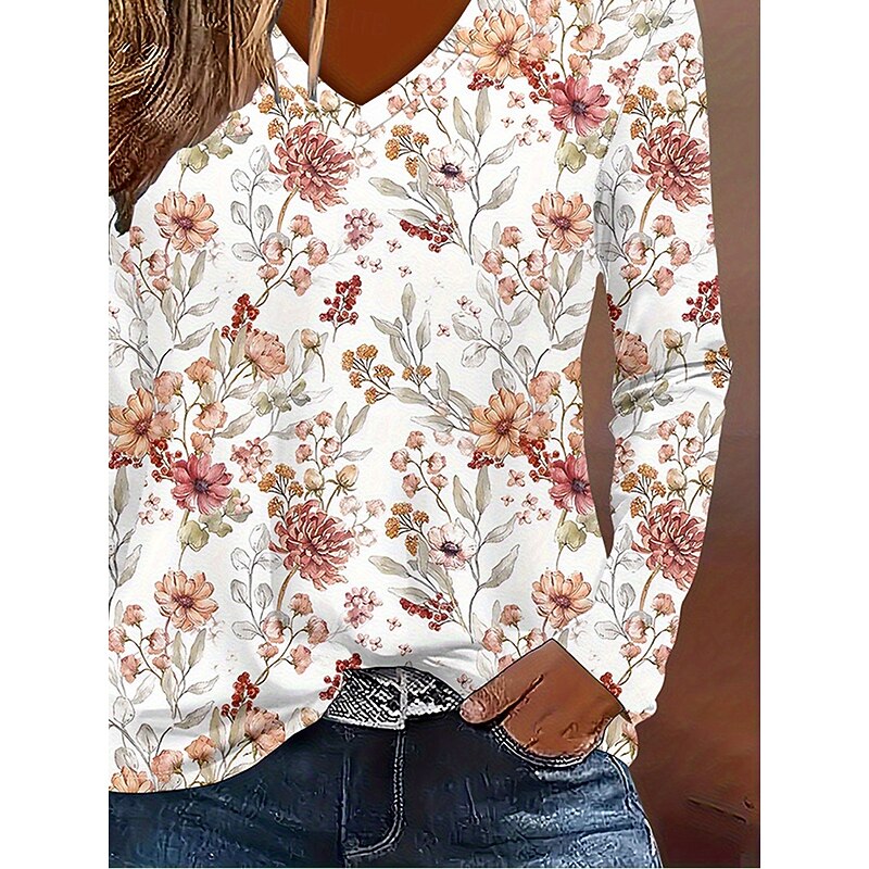 Women's T Shirt Floral Graphic Plants Vintage Stylish Classic Long Sleeve V Neck Regular Tops Daily Print Orange Spring Fall Winter3