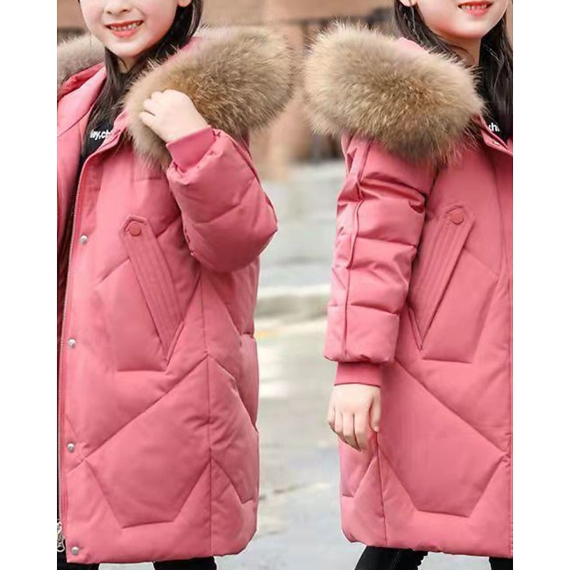 Kids Girls' Down Coat Solid Color Fashion Fur Trim Zipper Pocket School Coat Outerwear 4-12 Years Fall Black Pink Red