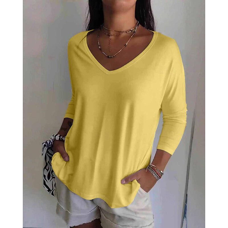 Women's Blouse Plain Casual Long Sleeve V Neck Regular Tops Holiday Going out White Yellow Pink Light Blue Fall2