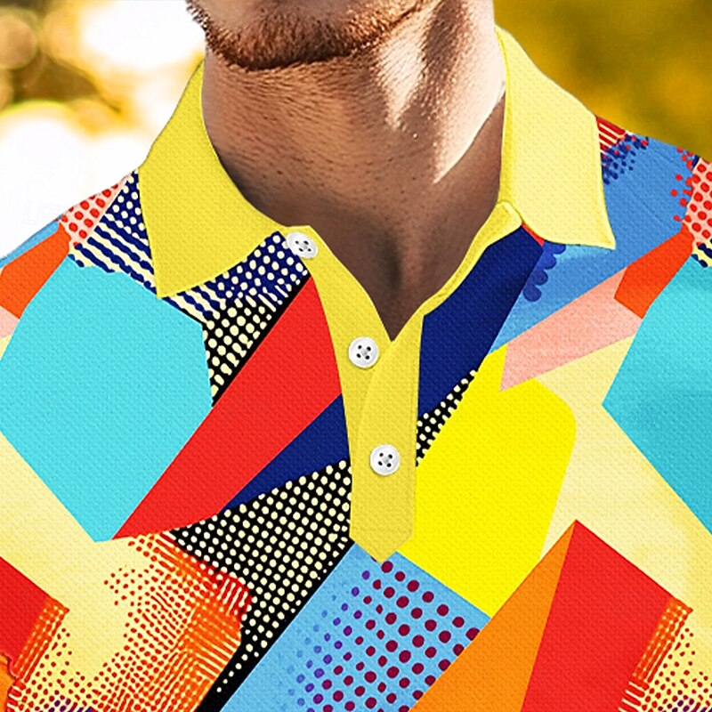 Men's Polo Vacation Street Turndown Short Sleeve Vacation Geometric Color Block Buttons Summer Grey Yellow Green Purple Polo2