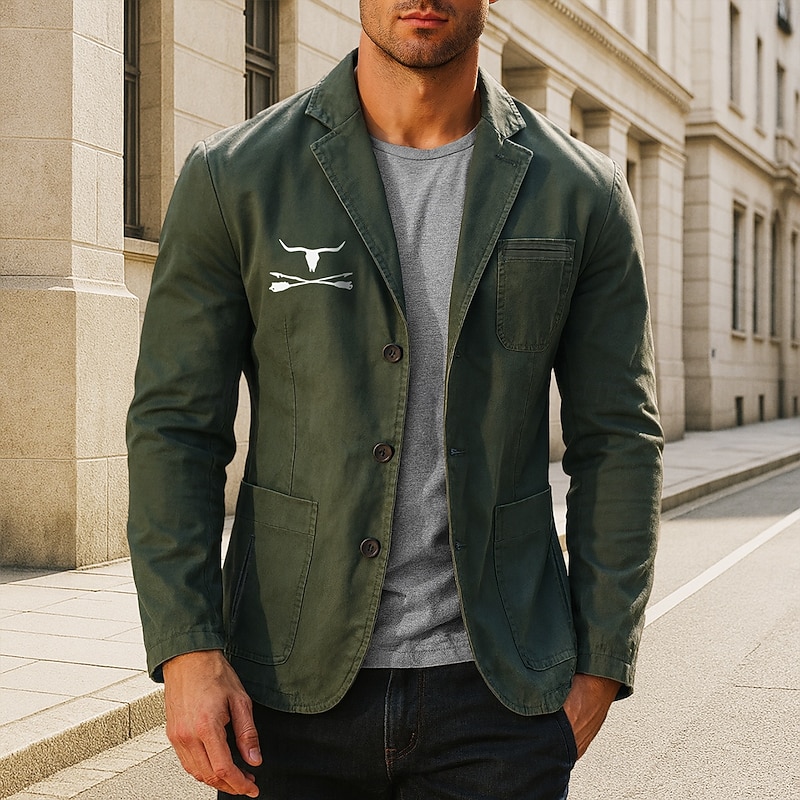 Men's Cow Print Blazer Cotton Suit Jacket Suits Coat Casual Outdoor Dailywear Multiple Pockets Three Button Stripe Lined Suit Jacket Fall Winter Notch lapel collar Long Sleeve Black khaki Army Green