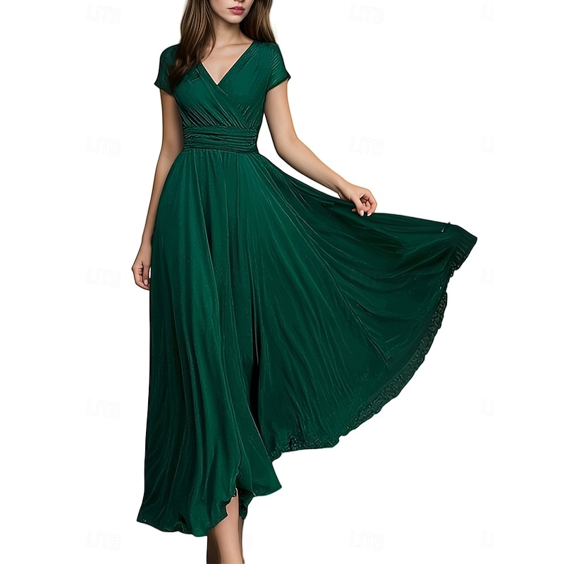 Women's Maxi long Dress Boho Wedding Guest Dress Elegant Stylish Regular Fit Plain Short Sleeve V Neck Black White Yellow Light Green Summer Spring