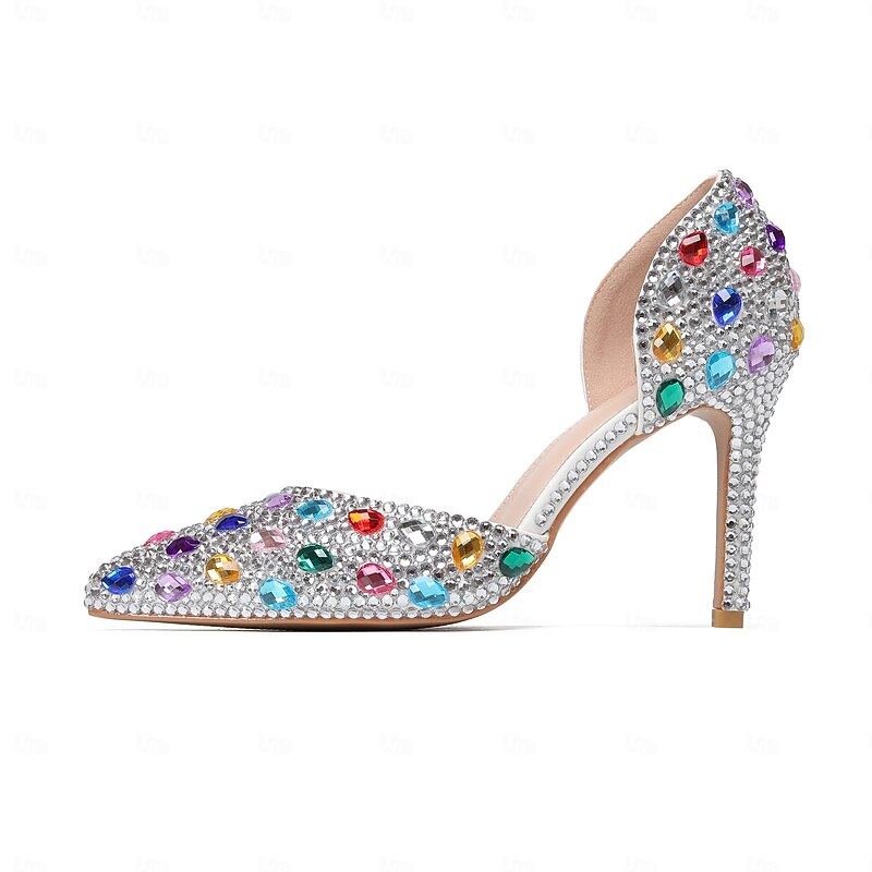 Women's Silver Colorful Rhinestone Stiletto Heels – Sparkly Crystal Embellished Pointed Toe Pumps for Wedding, Prom, and Party Events4