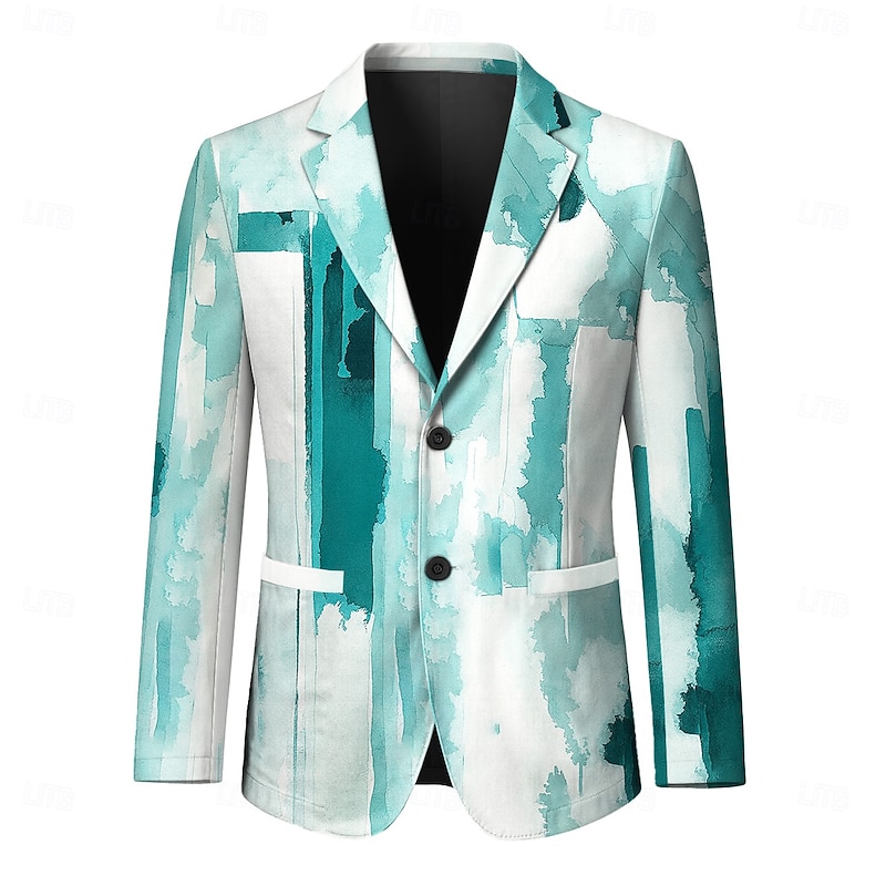 Men's Blazer Jacket Formal Casual Stylish Casual Daily All Seasons 100% Polyester Weaving Color Block 3D Print Buttons Comfortable Single Breasted Blazer Blue Green Grey2