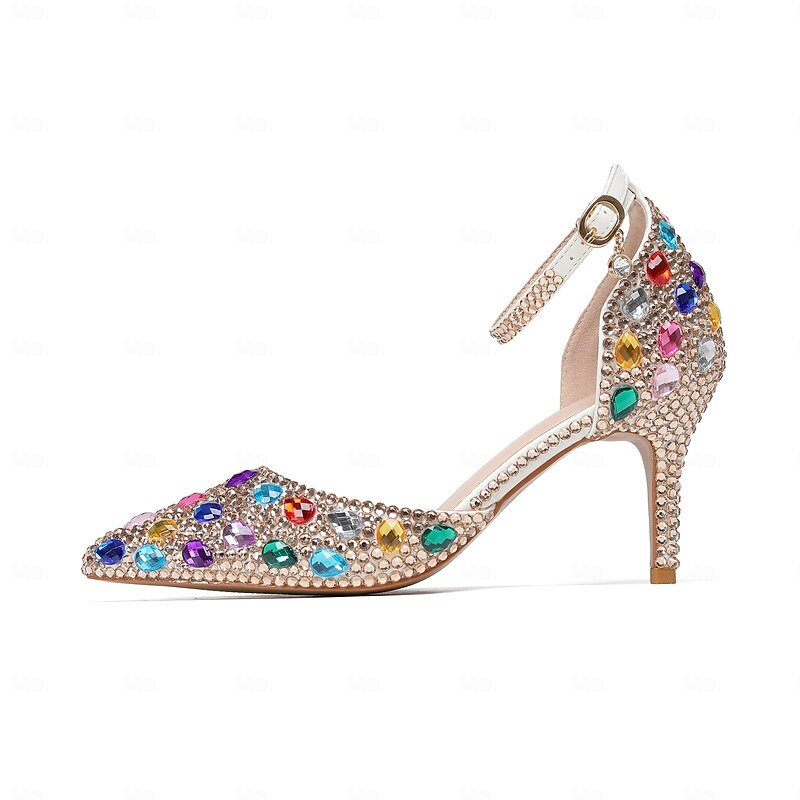 Women's Colorful Rhinestone Ankle Strap Heels – Sparkly Crystal Embellished Pointed Toe Stiletto Pumps for Wedding, Prom, and Party Events2