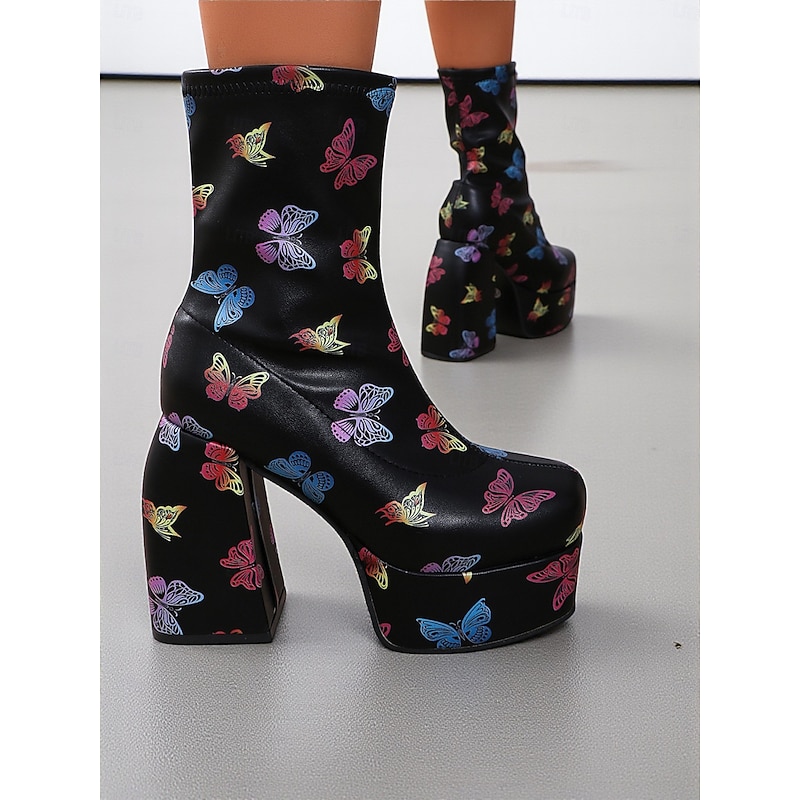 Women's Butterfly Print Platform High Heel Ankle Boots-Faux Leather,Retro Chunky Heel,Fashion Statement Footwear for Women's Urban Street Style and Party Outfits3