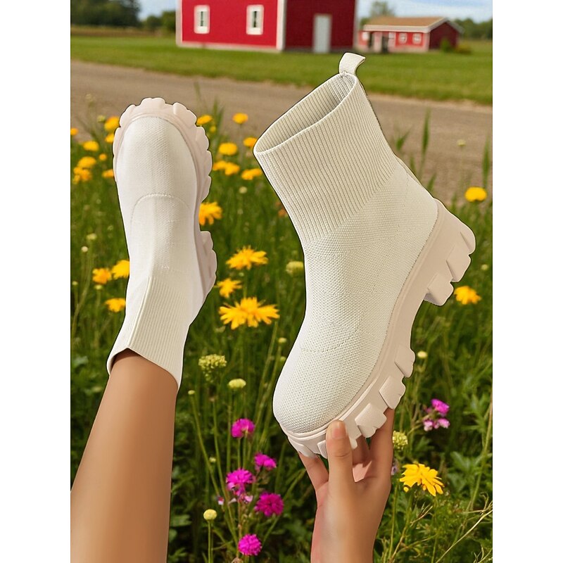 Women's Black Sock Boots with Chunky Red Soles – Stylish Stretch Knit Ankle Boots for Streetwear, Autumn & Winter Outfits4