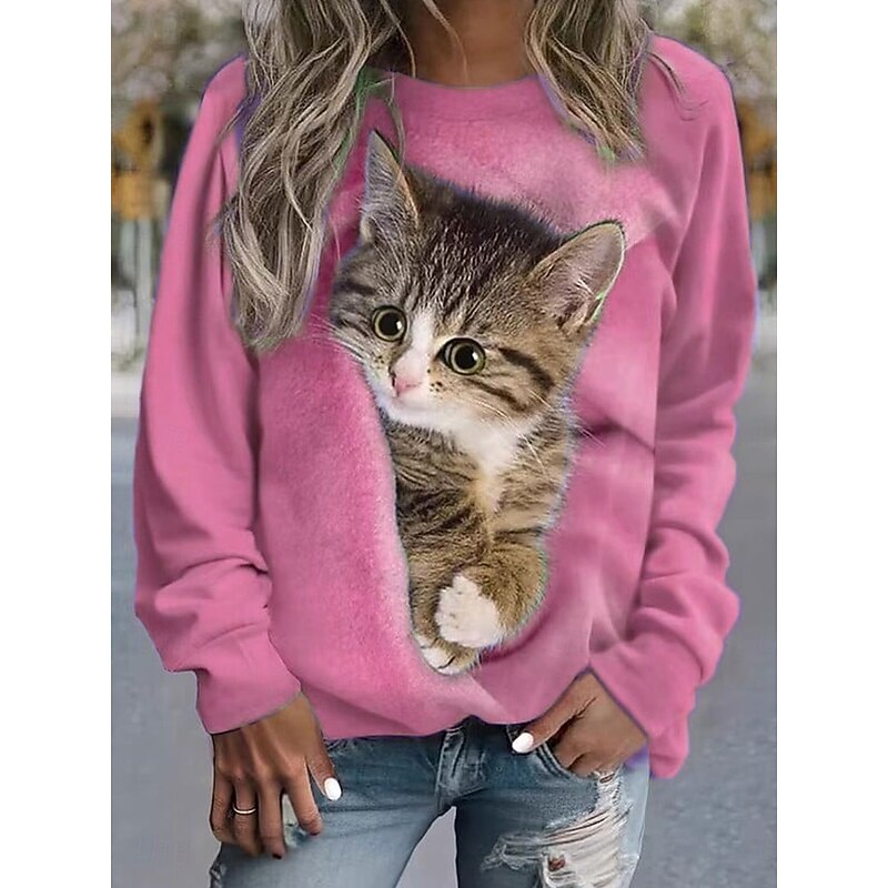 Women's Pullover Sweatshirt Graphic Animal Cat Casual Long Sleeve Crew Neck Regular Tops Street Casual Holiday Print Pink Blue Purple Orange Green Spring Fall Winter4