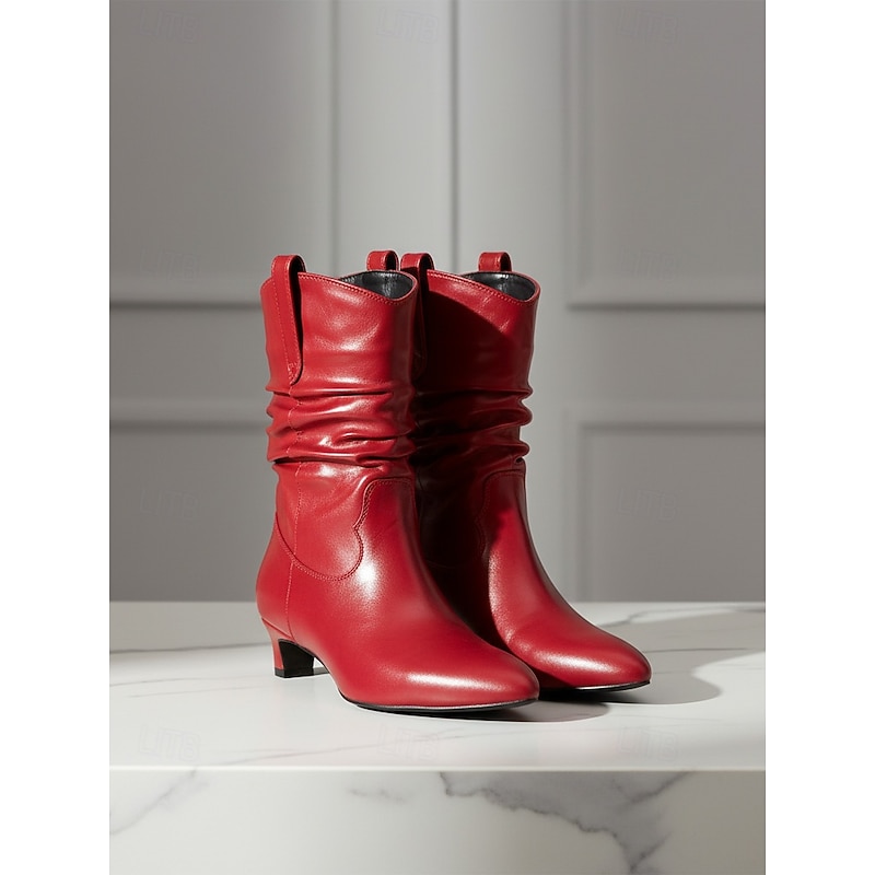 Women's Red Slouch Ankle Boots with Soft Ruched Shaft, Low Block Heel, Chic Urban Style Footwear for Women, Perfect for Everyday Casual and City Fashion Outfits3