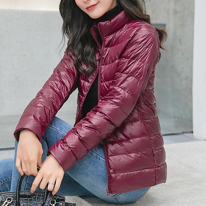 Women's Down Jacket Puffer Jacket Warm Comfortable Zipper Pocket Fashion Modern Casual Plain Going out Weekend Zipper Regular Stand Collar Regular Fit Long Sleeve Outerwear Black Pink Wine Winter3