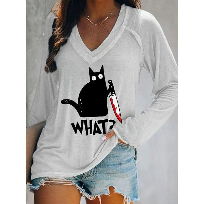 Halloween Women's T shirt Black Cat V Neck Long Sleeve Graphic Casual Letter Vintage Stylish Western Regular Tops Daily Weekend Vacation Wear Print White Pink Blue Orange Green Spring Fall Witch2