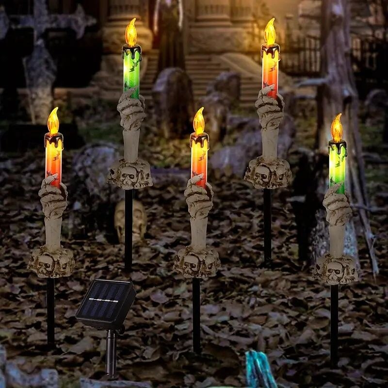 5PCS Halloween Party Decoration Outdoor Skeleton Handheld Candle Lawn Light Solar Halloween Garden Street Light Waterproof Ghost Festival Atmosphere Decoration