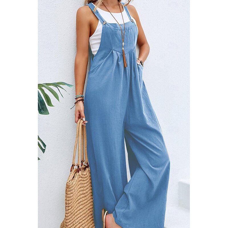 Women's Overall Active Solid Color Sleeveless  Jumpsuit  Wide Leg Square Neck Pocket Buttons Vacation Daily Loose Fit Black Yellow Pink Summer3