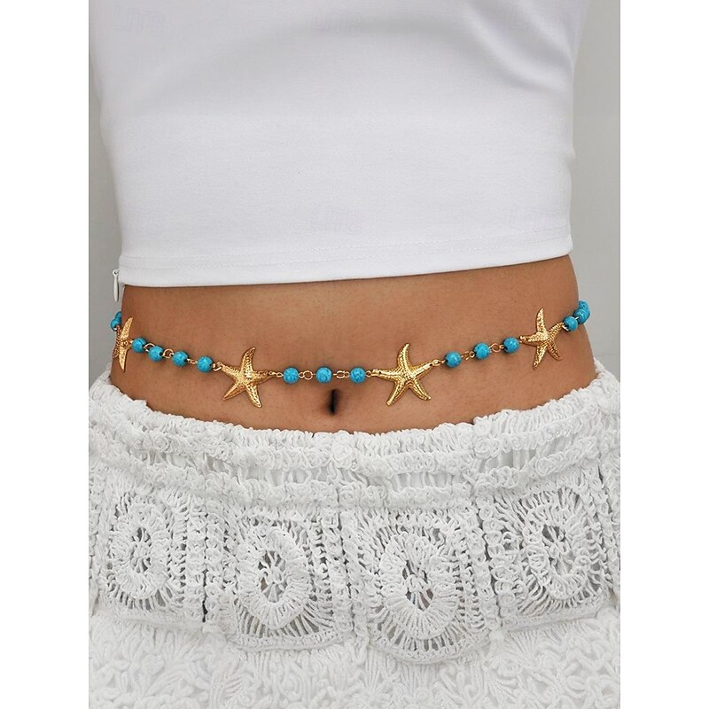 Women's Starfish Turquoise Beaded Waist Chain Belt - Bohemian Alloy Beach Body Jewelry for Summer Outfits and Vacation Looks4