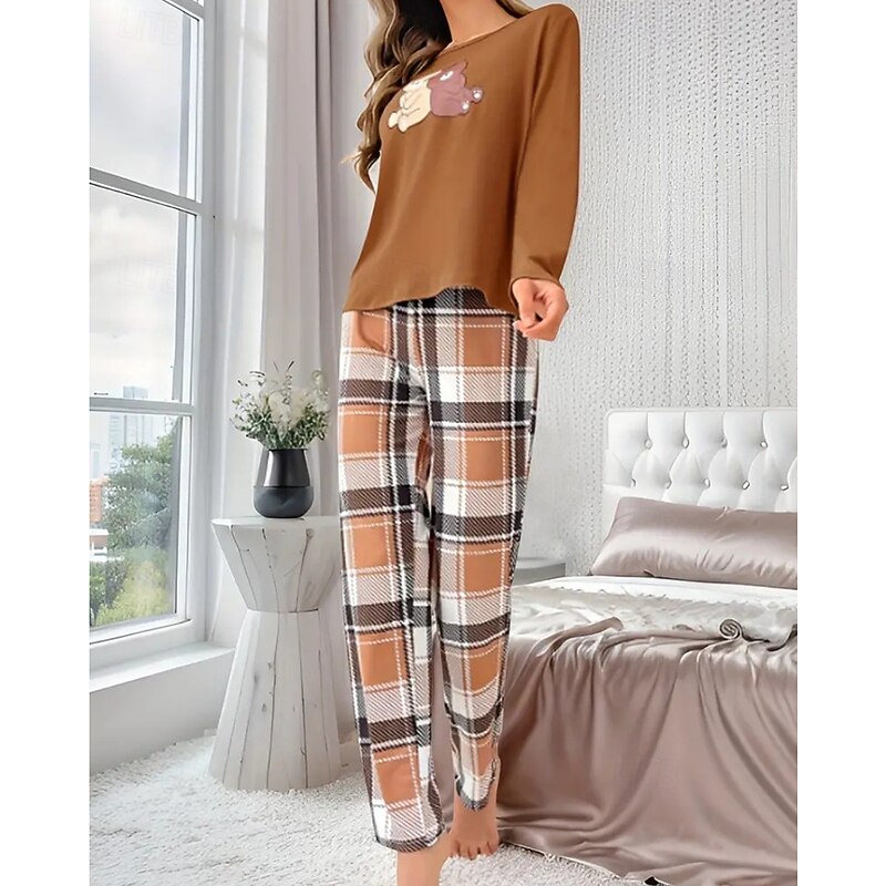 Women's Active Fashion Blouse Pants Sets Long Sleeve Crew Neck Plaid Print Outdoor Holiday Black Red Purple Fall Regular Fit3