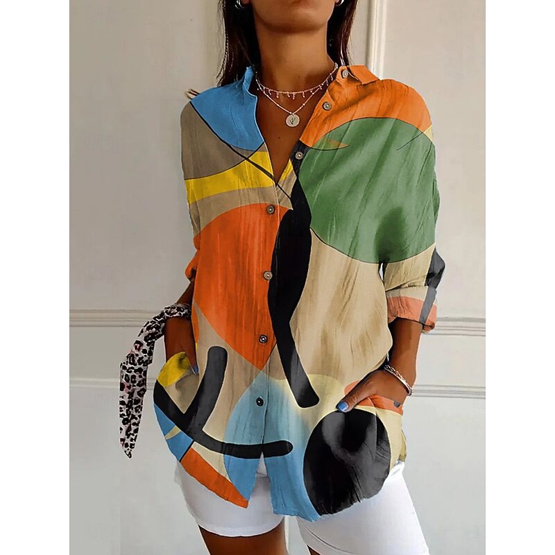 Women's Shirt Graphic Geometric Vintage Daily Casual Long Sleeve Shirt Collar Regular Tops Daily Holiday Print Pink Green Khaki Summer Spring2