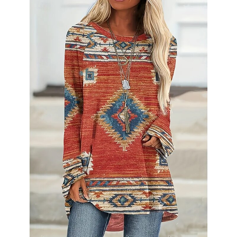 Women's T Shirt Graphic Tribal Vintage Stylish Classic Long Sleeve Crew Neck Round Neck Long Tops Daily Print Wine Red Blue Spring Fall