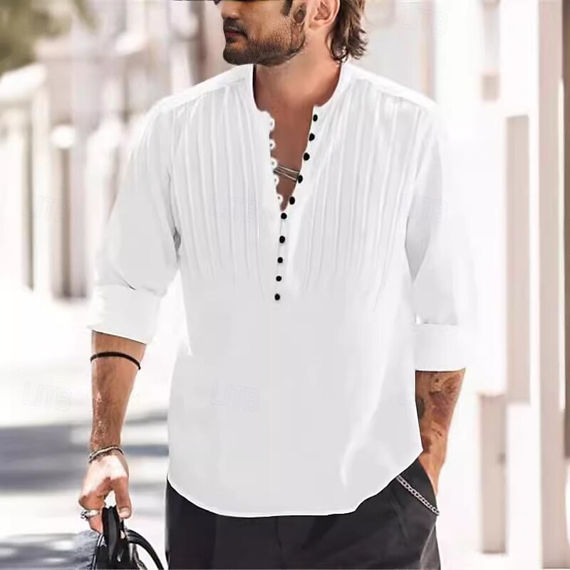Men's Shirt Popover Shirt Casual Shirt Beach Shirt Button Up Shirt Black White Navy Blue Sky Blue khaki Long Sleeve Plain Round Neck Vacation Casual Pleated Clothing Apparel Fashion Streetwear